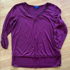 Apt. 9 Purple V-Neck Long Sleeve Top with Braided Trim